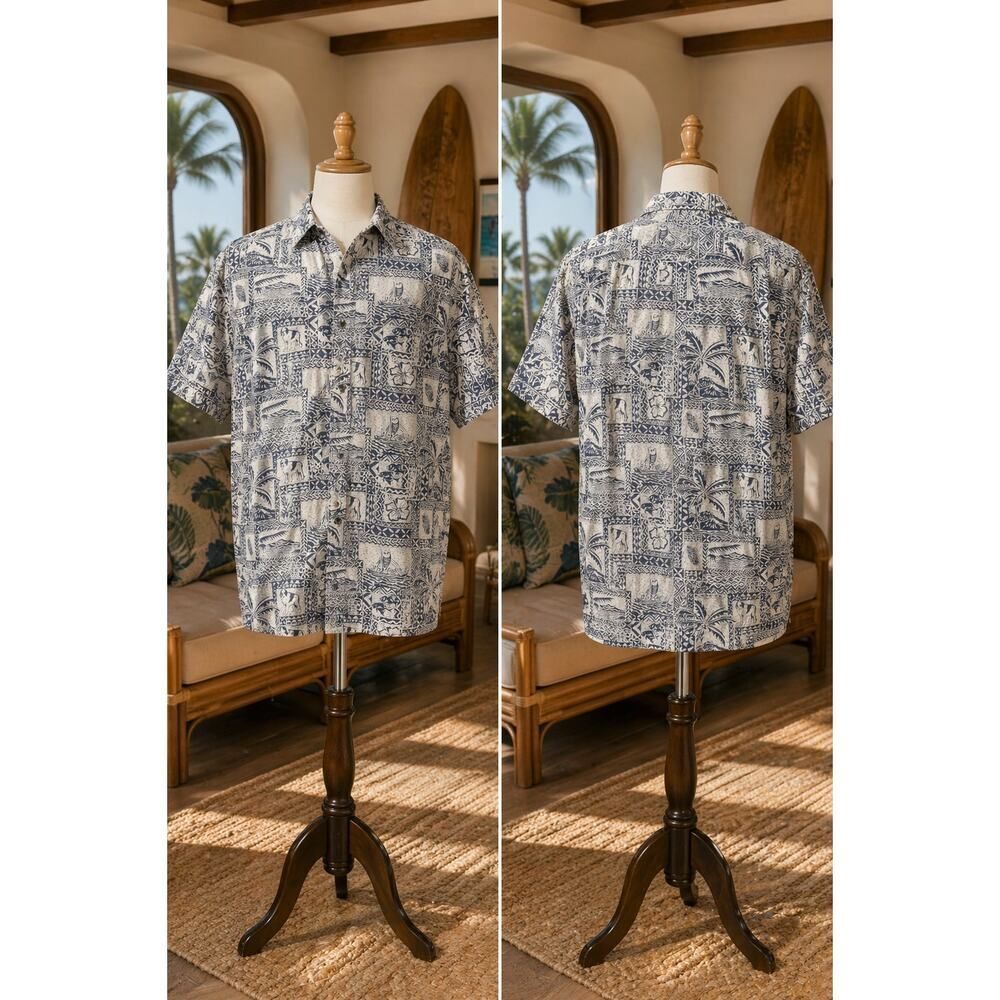 Big Dogs Hawaiian Shirt Blue Tropical Print Button Up XL